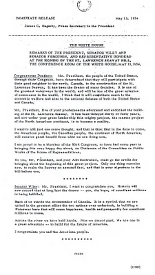 Press Release, Remarks by President Dwight D. Eisenhower, Senators Alexander Wiley and Homer Ferguson, and Congressman George Dondero at the Signing of the St. Lawrence Seaway Bill