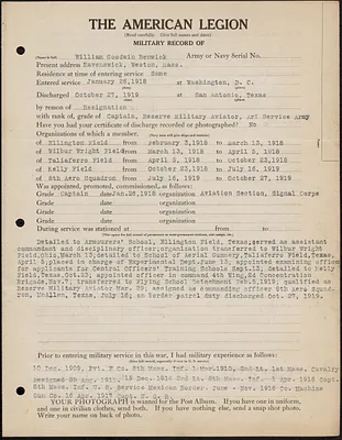 American Legion military record of William Goodwin Renwick