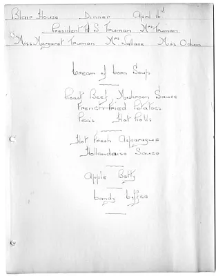 Blair House Dinner Menu