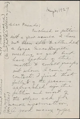 Margaret Shipman autograph letter signed to Sacco-Vanzetti Defense Committee, [Bronx, N.Y], May 6, 1927
