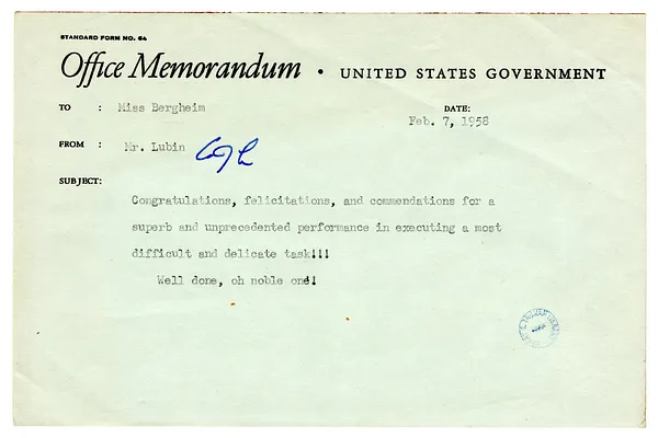 Office Memorandum to Myrtle Bergheim from Mr. Lubin