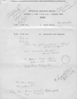 White House - Congressional Leadership Meeting, 10/7/69 (includes minutes and Ford notes)