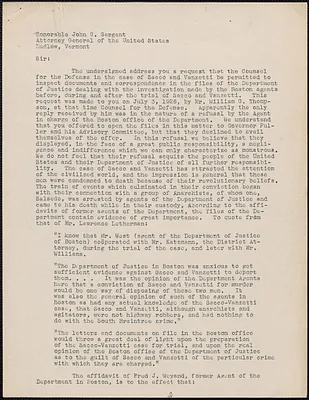 Citizens' National Committee for Sacco and Vanzetti typed letter (copy) to John G. Sargent, [August 1927]
