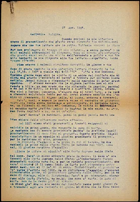 Bartolomeo Vanzetti typed letter (copy) to Luigia Vanzetti, [Charlestown], 27 November 1925