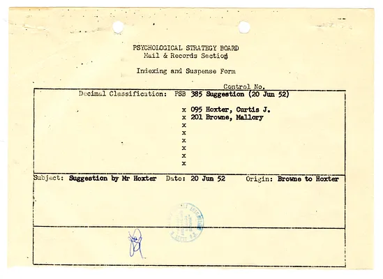 Indexing Form re Correspondence from Mallory Browne to Curtis J. Hoxter