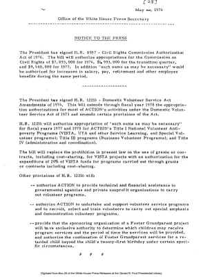 President has signed H.R. 8957 - Civil Rights Commission Authorization Act of 1976 and H.R. 12216 - Domestic Volunteer Service Act Amendments of 1976 [Signing Statements and Announcements]