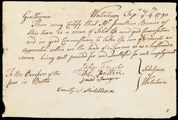 William Dunn indentured to apprentice with Jonathan Bemis of Watertown, 6 September 1790