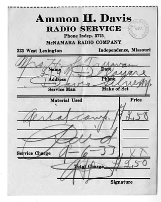 Receipt from Ammon H. Davis Radio Service