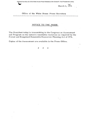President Transmits to Congress an Assessment and Program on the nation's renewable resources [Notice to Press]