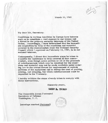 Letter from President Harry S. Truman to Secretary of Defense James Forrestal