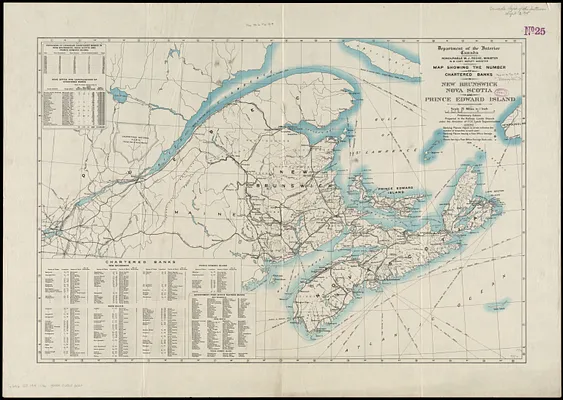 Map showing the number of chartered banks in New Brunswick, Nova Scotia, and Prince Edward Island