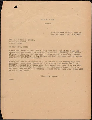 [Fred H. Moore] typed letter (copy) to Elizabeth G[lendower] Evans, Boston, Mass., January 8, 1923