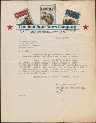 The Red Star News Company typed letter signed (initials) to Gardner Jackson, New York, N. Y., July 2, 1928