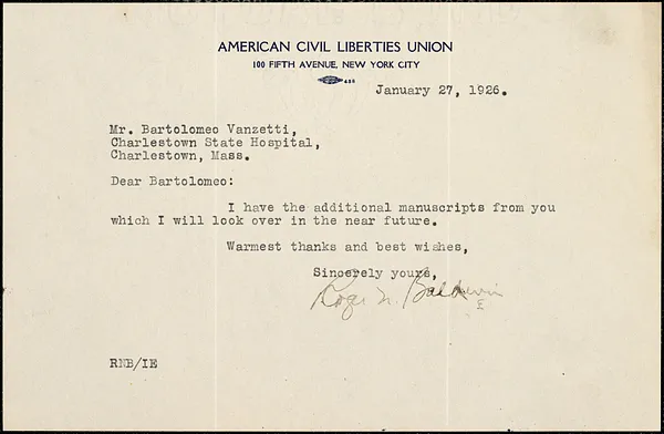 Roger N. Baldwin typed note signed to Bartolomeo Vanzetti, New York, 26 January 1926