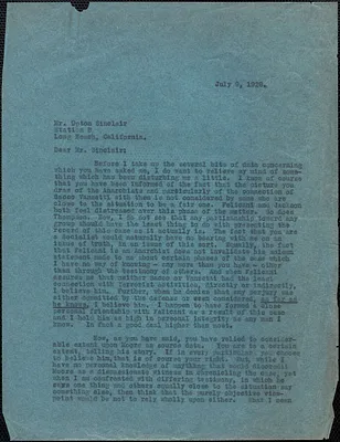 Creighton J. Hill typed letter (copy) to Upton Sinclair, [Boston, Mass.], July 9, 1928