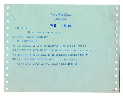 Telegram from the Employees of the Old Colony Furniture Company to President Harry S. Truman