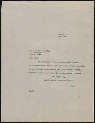 Mary Donovan (Sacco-Vanzetti Defense Committee) typed note (copy) to Richard C. Evarts, Boston, Mass., October 19, 1927