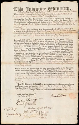 Mary Baner indentured to apprentice with Bartholomew Sutton of Boston, 6 April 1763