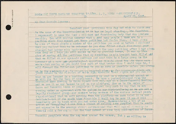 Lester Shulman (Socialist Youth Campaign Committee) typed letter to Mary Donovan, Brooklyn, N.Y., April 23, 1927
