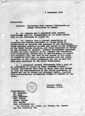 Memorandum from Colonel Telford Taylor with Attachment