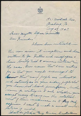 Josephine Peirce autograph letter signed to Sacco-Vanzetti Defense Committee, Reading, Pa., August 27, 1927