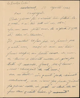 Giuseppi Raggu autograph letter signed, in Italian, to [Emilio Coda?] Keewatin, Minn., August 10, 1921