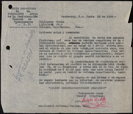 Eulalio Castillo (Comte Pro-Presos de la Federacion Local de la Confederación General de Trabajadores) typed letter signed, in Spanish, to Sacco-Vanzetti Defense Committee, Monterrey, Mexico, June 26, 1926