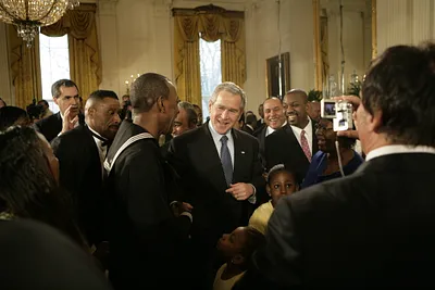 President George W. Bush Meets with New York City Subway Hero Wesley Autrey, Left, and Members of the Autrey Family, in the East Room of the White House