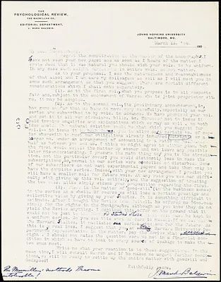 Baldwin, James Mark, 1861-1934 typed letter signed to Hugo Münsterberg, Baltimore, 13 March 1906