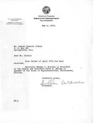 Letter from Governor Fuller Warren to Daniel F. Clancy