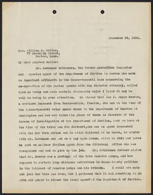 Herbert Brutus Ehrmann Papers, 1906-1970. Sacco-Vanzetti. Correspondence of HBE, junior counsel for the defense, Dec. 11, 1926 - March 17, 1927. Box 15, Folder 16, Harvard Law School Library, Historical & Special Collections