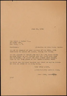 Sacco-Vanzetti Defense Committee typed letter (copy) The Baker & Taylor Co., Boston, Mass., June 14, 1934
