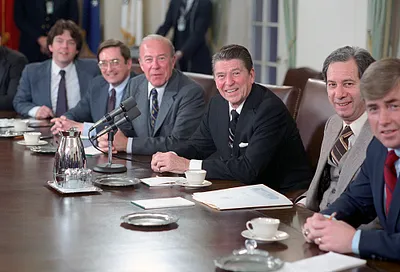 President Ronald Reagan during a meeting with the President's Economic Policy Advisory Board members George Shultz, Murray Weidenbaum and Jack Kemp in the Cabinet Room