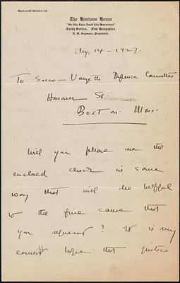 Elizabeth [Putnam?] autograph letter signed to Sacco-Vanzetti Defense Committee, North Sutton, N.H., August 14, 1927