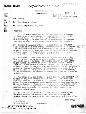 Telegram from Holmes to Secrertary of State Dean Acheson