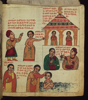 Above: How the Heathen made the Christian swear when he loaned him gold, and one of his hands was paralyzed; Below: How the Heathen was baptized when he saw the power of St. Michael, and how he served with the Christian inside the church of St. Michael