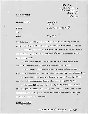 Message from Deputy National Security Adviser Brent Scowcroft to Jon Howe of Vice President Nelson Rockefeller's staff containing talking points for the Vice President's meeting with Tran Van Lam, President of the South Vietnam Senate concerning foreign aid