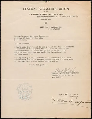 Ray Miller (General Recruiting Union of the Industrial Workers of the World) typed letter signed to Sacco-Vanzetti Defense Committee, Chicago, Ill., December 17, 1926