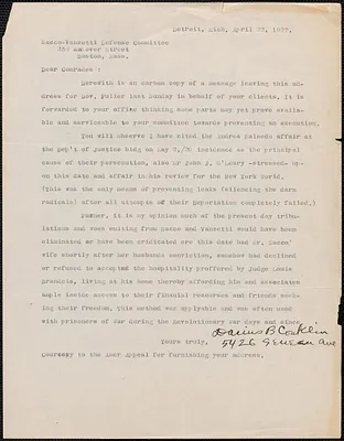 Darius B. Conklin typed letter signed to Sacco-Vanzetti Defense Committee, Detroit, Mich., April 22, 1927