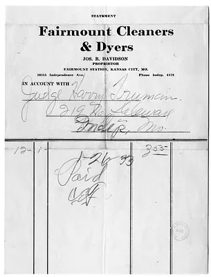 Receipt, Fairmount Cleaners and Dyers, Kansas City, Missouri
