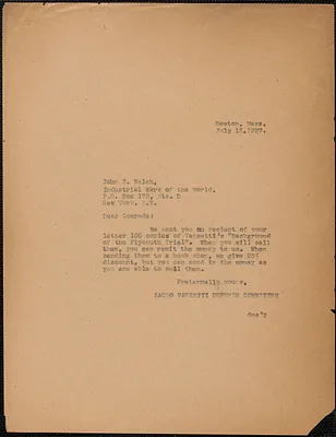 Sacco-Vanzetti Defense Committee typed note (copy) to John J. Welsh, Boston, Mass., July 15, 1927