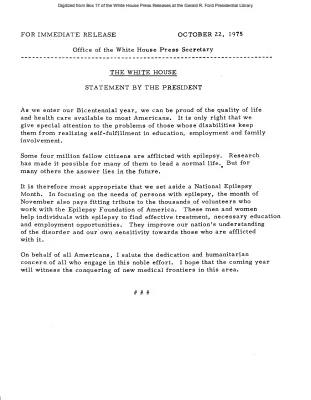 Statement by the President on National Epilepsy Month [Ford Speech or Statement]