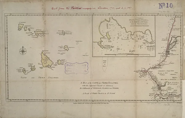 A map of the Cape de Verd Islands with the adjacent coast of Africa, the settlements of Senegal, Gambia and Goree, also a plan of Port Praya in St. Jago