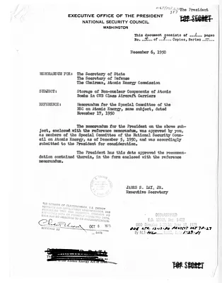 Memorandum from James Lay to Secretary of State Dean Acheson, Secretary of Defense General George C. Marshall, and the Chairman of the Atomic Energy Commission