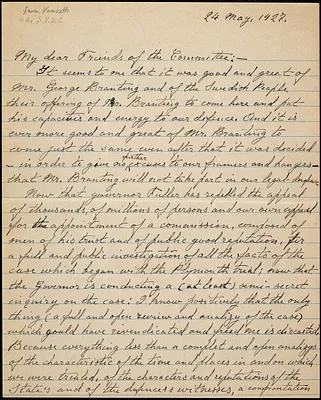 Bartolomeo Vanzetti autographed letter signed to the Sacco-Vanzetti Defense Committee, [Dedham], 24 May 1927