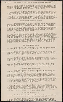Rose Baron and Carlo Tresca (Sacco-Vanzetti Emergency Committee) typed statement, New York, N. Y., [July 1, 1927]