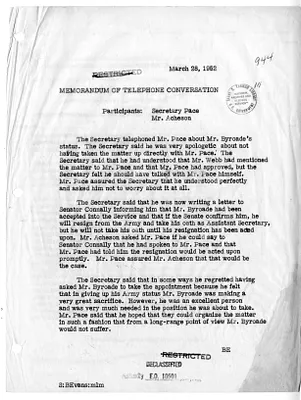 Memorandum of Telephone Conversation with Secretary of State Dean Acheson and Secretary of the Army Frank Pace