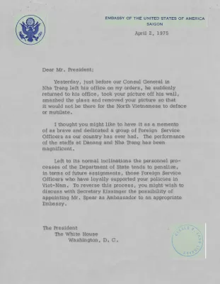 Letter from Ambassador Graham Martin to President Gerald R. Ford Regarding a Photograph From the United States Consulate in Nha Trang, South Vietnam