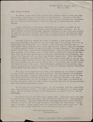 Member, Sophomore Class, Suffolk Law School typed letter (circular) to Fellow Student, Boston, Mass., October 3, 1921