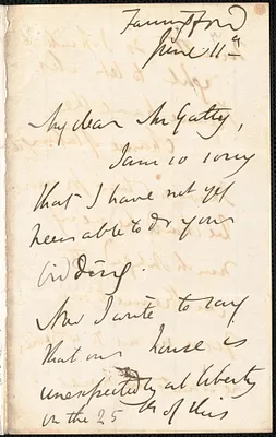 Emily Tennyson autograph letter signed to Mr. Gatty, Farringford, [Isle of Wight], 11 June [1859?]